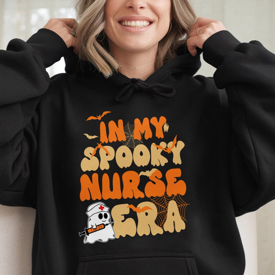 In My Spooky Nurse Era Hoodie | Cute Halloween Ghost Graphic Sweatshirt | Cotton-Blend Premium Gift for Nurses | RN Halloween Nurse Costume Top