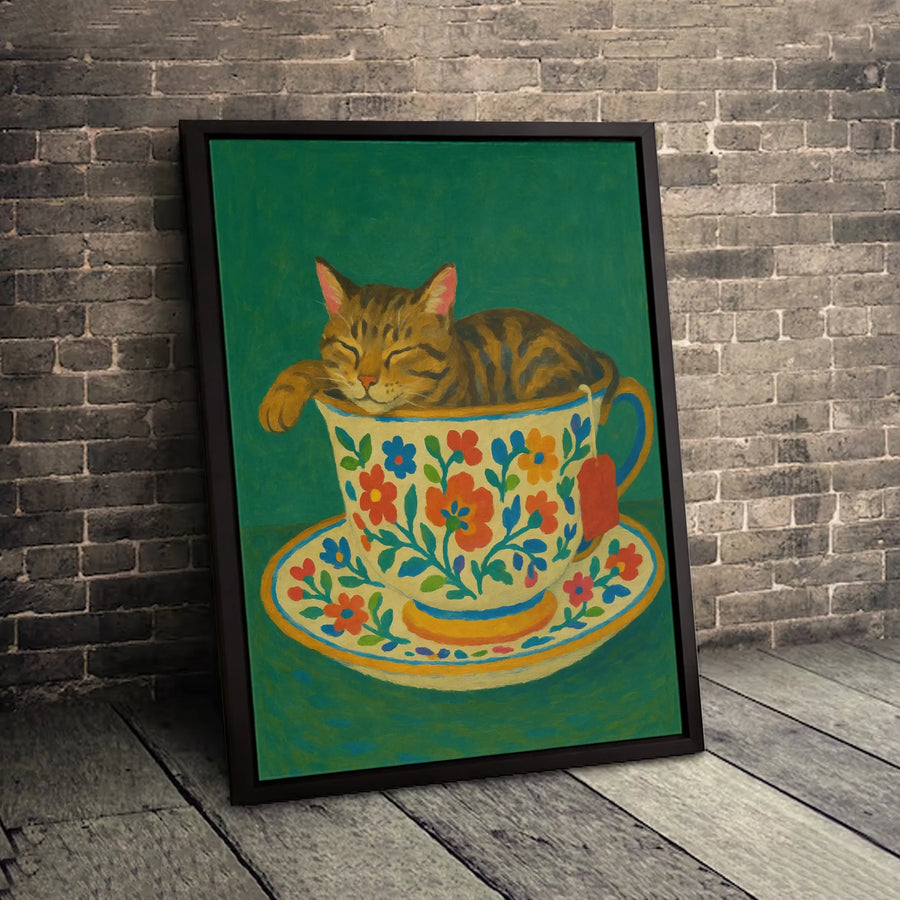 Sleeping Tabby Cat In A Floral Teacup Canvas | Whimsical Pet Wall Art | Premium Gallery Wrapped Print | Cute Animal Lover Home Decor Gift