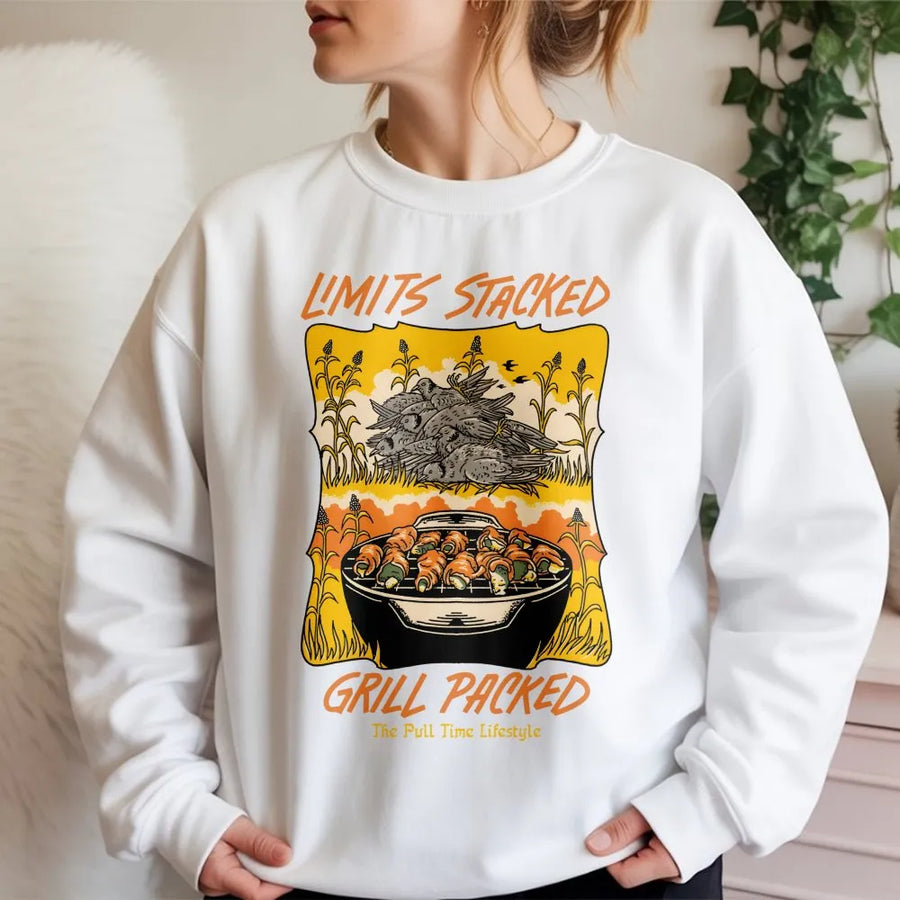 Dove Hunting Sweatshirt | Limits Stacked Grill Packed Graphic | Premium Cotton Blend Crewneck | Gift for Outdoorsmen and Bird Hunters
