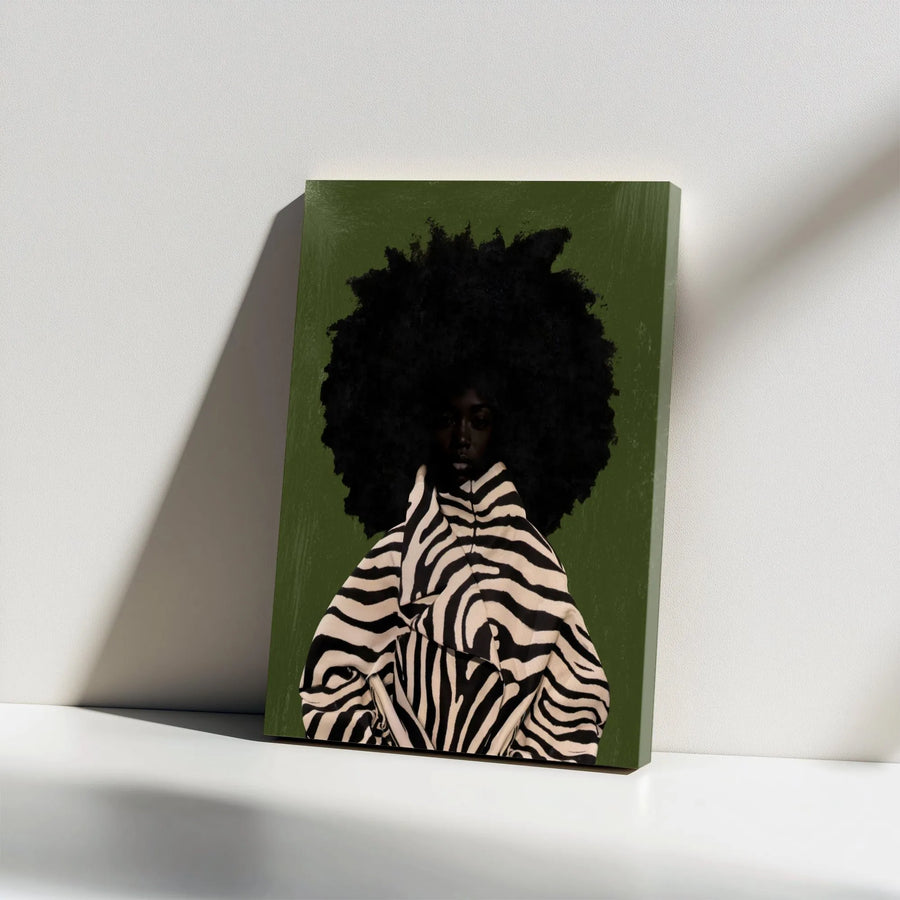 Black Woman Afro Art Canvas | Zebra Print Fashion Portrait | Premium Thick Gallery Canvas | Afrocentric Living Room Wall Decor