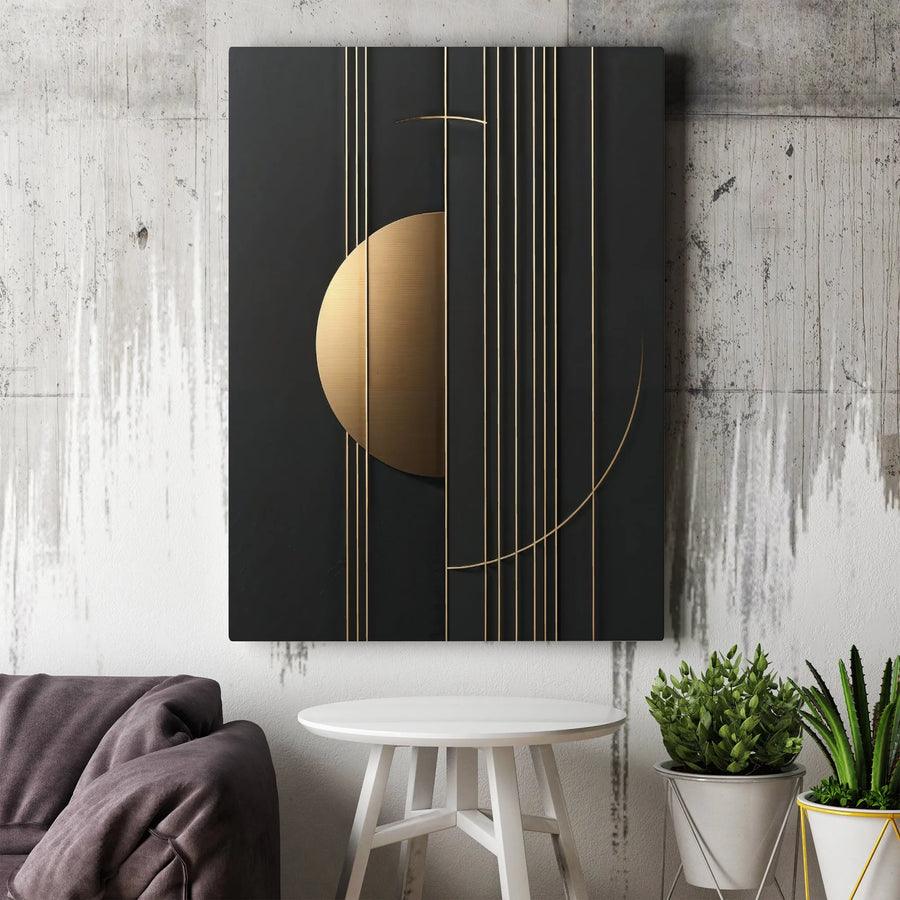 Abstract Geometric Wall Art | Minimalist Gold Lines On Black Canvas | Gallery Quality 1.25" Profile | Modern Living Room Home Decor