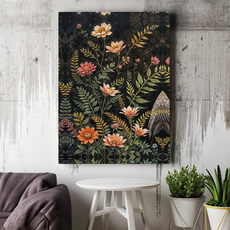 Dark Moody Floral Botanical Canvas | Vintage Angel Wing Wall Art | Premium 1.25 Inch Gallery Wrap | Gothic Home Decor For Living Room