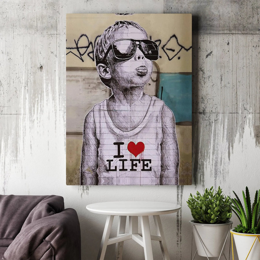 I Love Life Graffiti Canvas Art | Street Style Boy with Sunglasses | Gallery-Wrapped Premium Print | Modern Urban Wall Decor for Home Office
