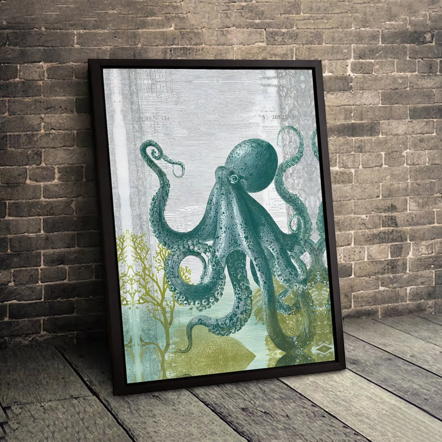 Vintage Octopus Wall Art | Teal Marine Life Scientific Illustration | Premium Gallery Wrapped Canvas | Coastal Beach House Decor Gift