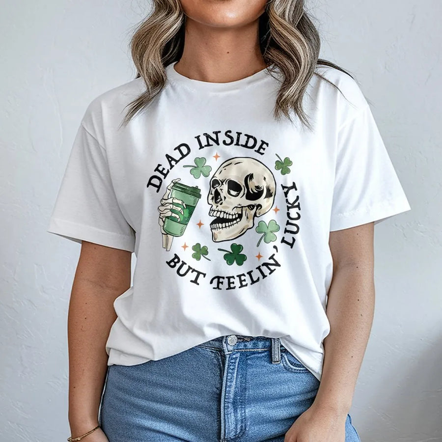 Dead Inside But Feelin Lucky T-Shirt | Skeleton Drinking Coffee Graphic | St Patrick's Day Premium Cotton Tee | Funny Irish Humor Gift for Adults