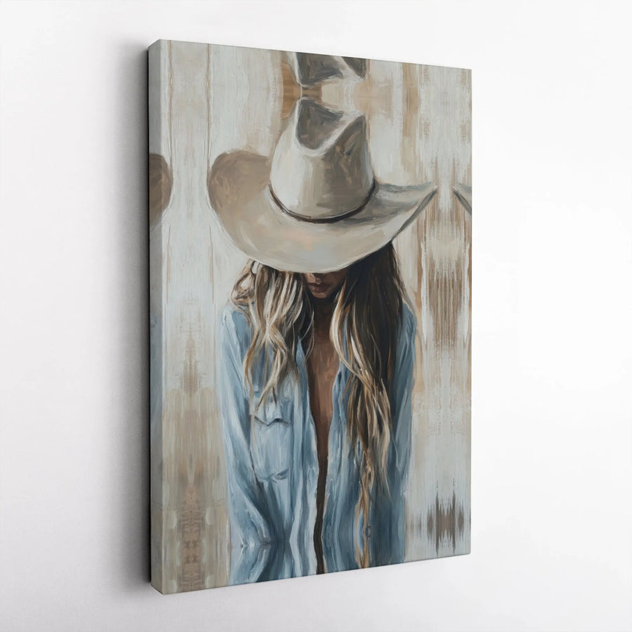 Cowgirl Western Wall Art | Blue Denim Fashion Canvas Print | Premium Gallery Wrapped Decor | Gift for Country Home Aesthetic