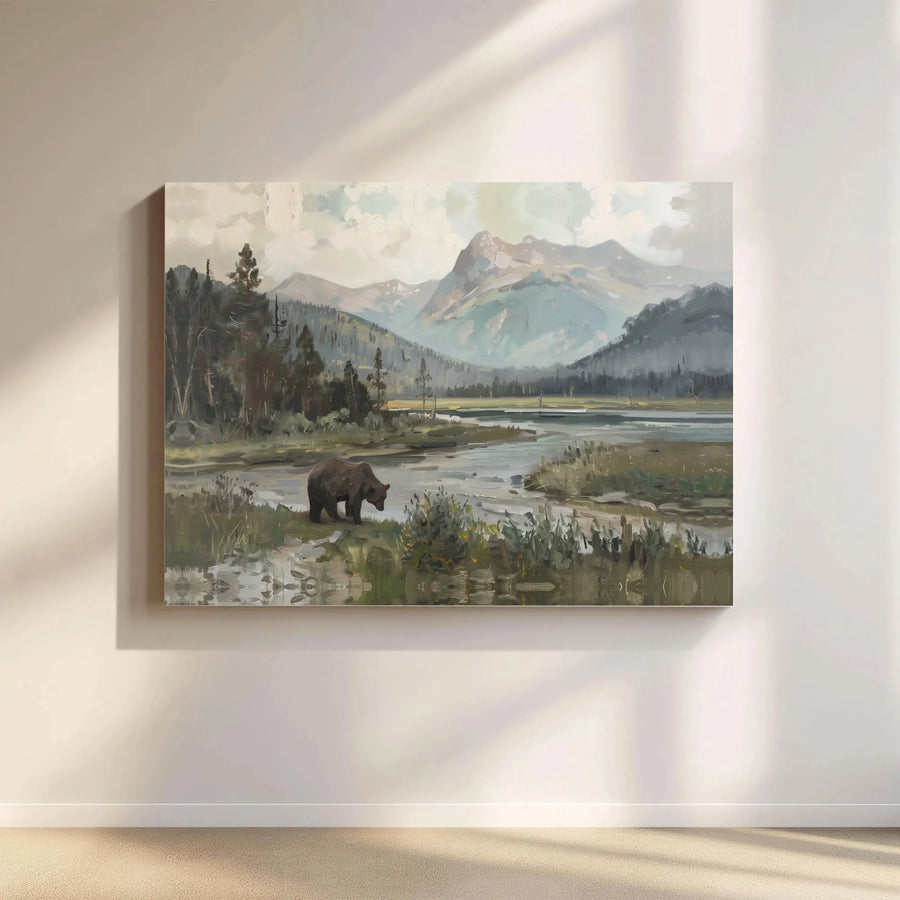 Grizzly Bear Wall Art | Mountain River Forest Landscape Canvas | Premium Gallery Wrapped Print | Rustic Lodge Cabin Decor Gift