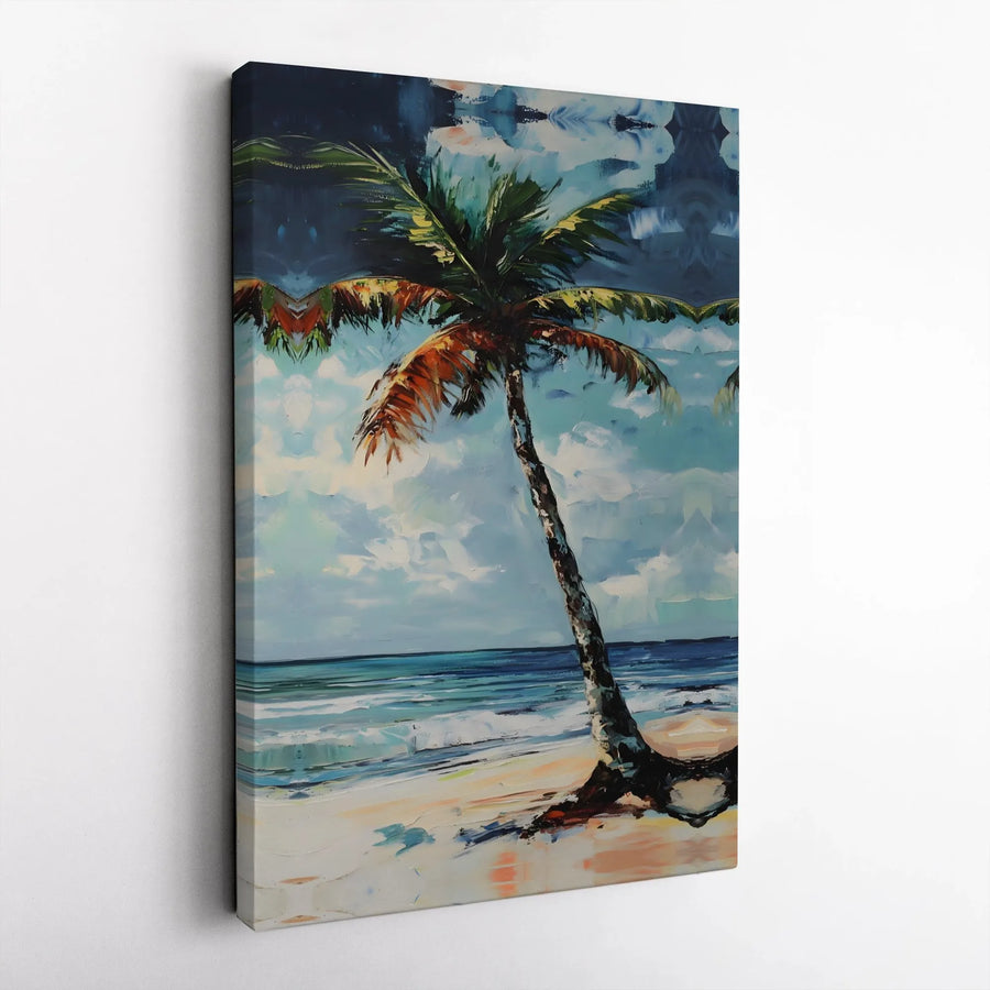 Tropical Beach Palm Tree Canvas Wall Art | Impressionist Ocean Coastal Painting | Premium Gallery Wrap Print | Modern Home Decor Gift