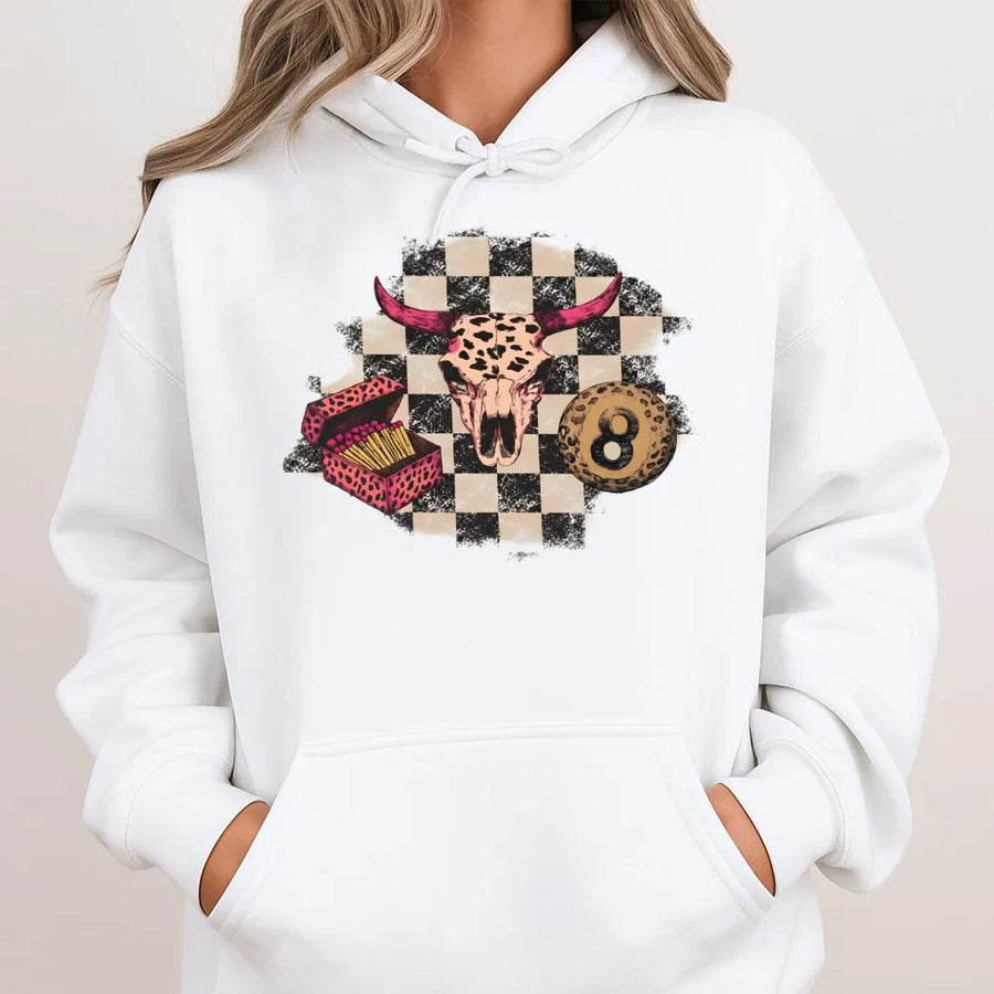 Western Bull Skull Hoodie | 8 Ball Checkerboard Graphic | Premium Cotton Blend | Cowgirl Aesthetic Gift for Her