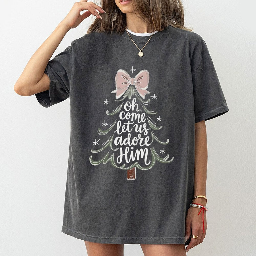 Oh Come Let Us Adore Him Christmas T-Shirt | Festive Tree Coquette Bow Graphic | Premium Soft Cotton Tee | Religious Holiday Gift for Her
