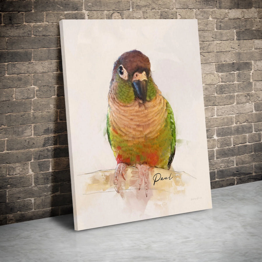 Green Cheek Conure Canvas Wall Art | Watercolor Parrot Portrait Painting | Premium 1.25" Thick Gallery Wrap | Gift for Bird Lovers