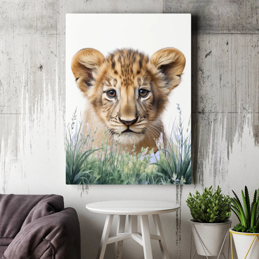 Baby Lion Cub Canvas Wall Art | Watercolor Safari Nursery Decor | Premium Gallery Wrap Print | Cute Wildlife Animal Portrait for Kids Room