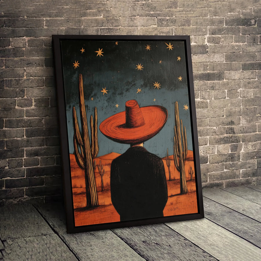 Desert Man With Red Sombrero Canvas Wall Art | Surreal Western Starry Night Landscape | Premium Gallery-Wrapped Print | Unique Boho Home Decor Gift