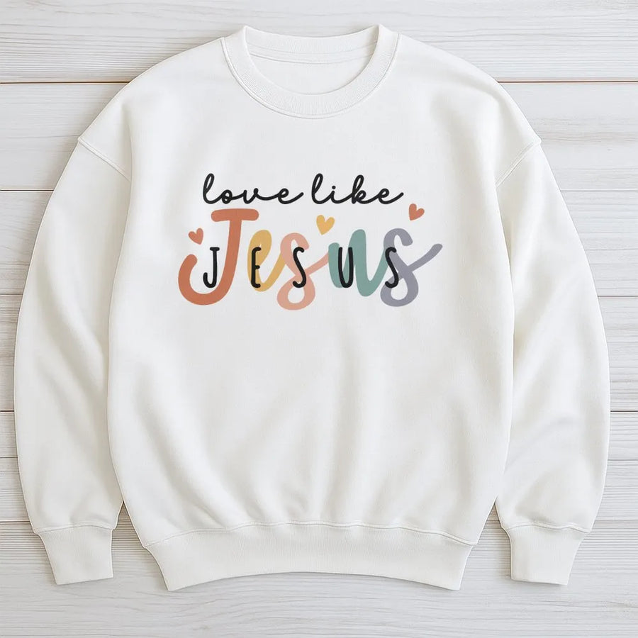 Love Like Jesus Sweatshirt | Boho Faith Christian Graphic Design | Premium Cotton Blend Cozy Crewneck | Religious Gift for Men and Women