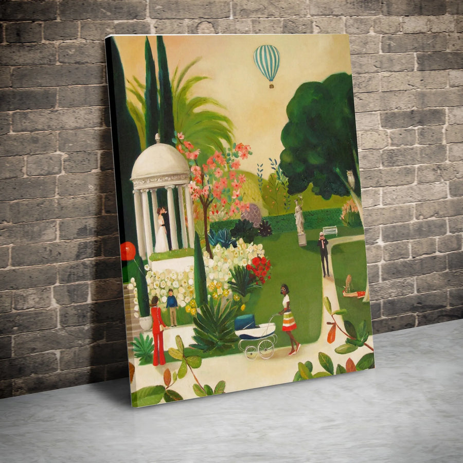 Botanical Garden Canvas Print | Whimsical Folk Art Garden Scene | Gallery Quality Canvas Print | Unique Living Room Decor Gift
