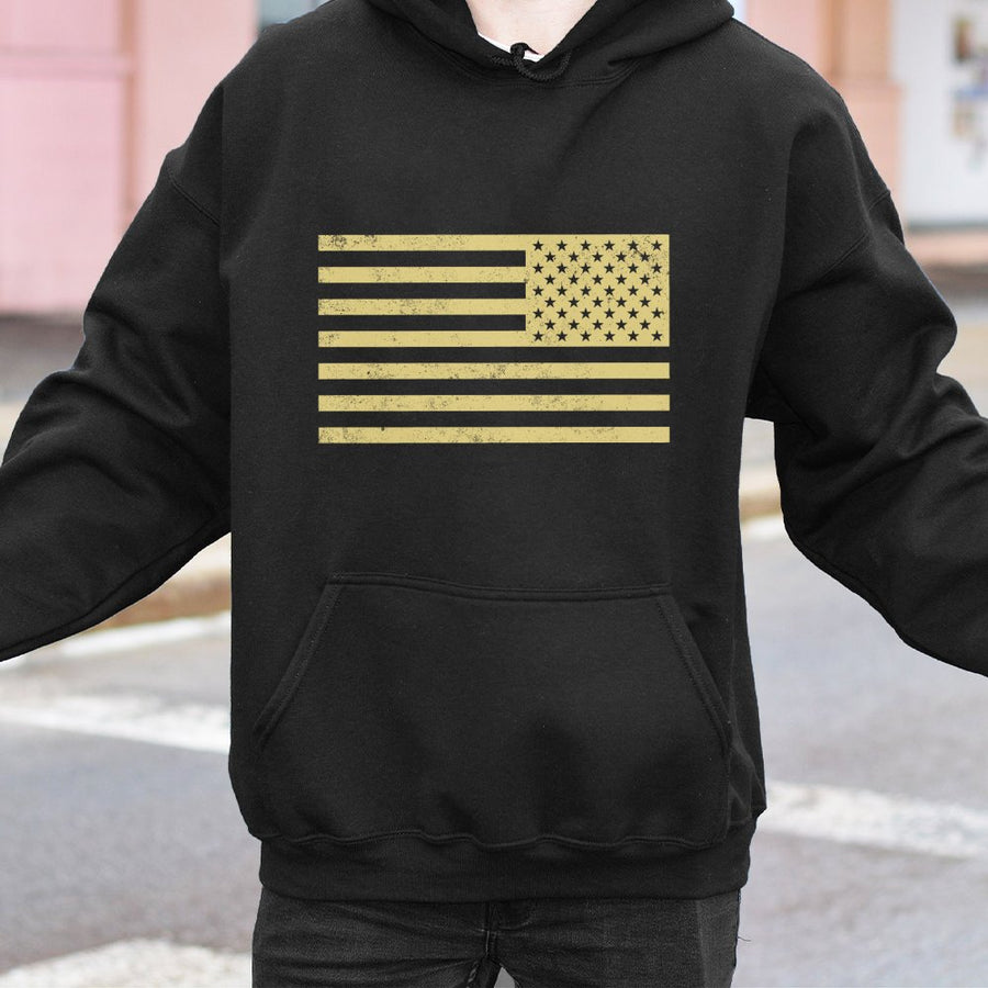 Distressed American Flag Hoodie | Vintage Gold USA Graphic | Premium Cotton Blend | Patriotic Gift for Men and Women