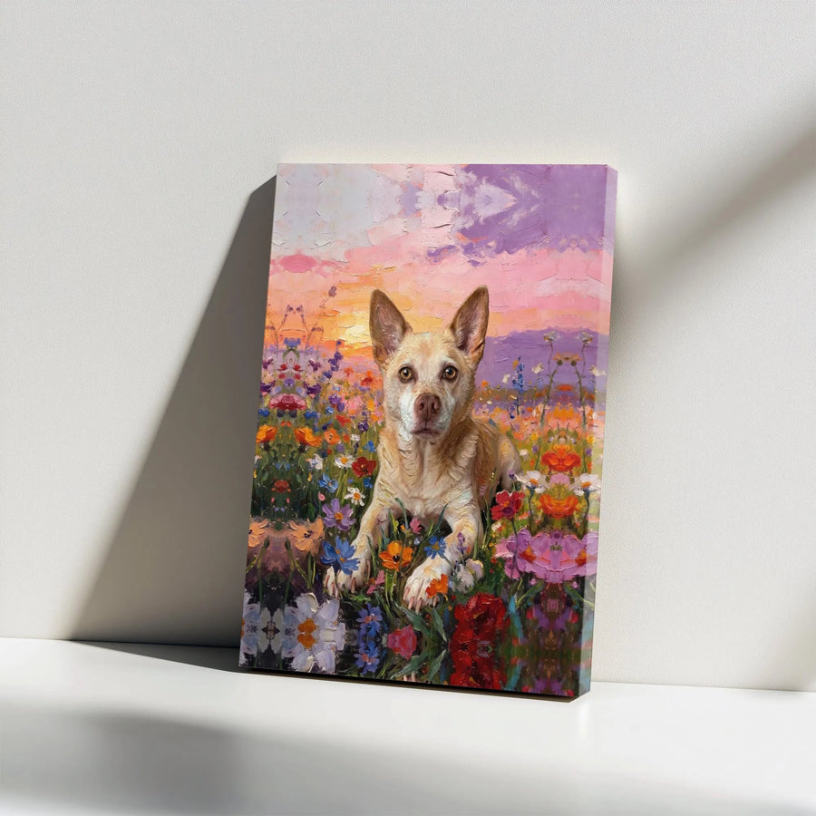 Dog in Wildflowers Canvas Wall Art | Colorful Flower Meadow Oil Painting Style | Premium Gallery Wrapped Canvas | Gift for Dog Lover Home Decor