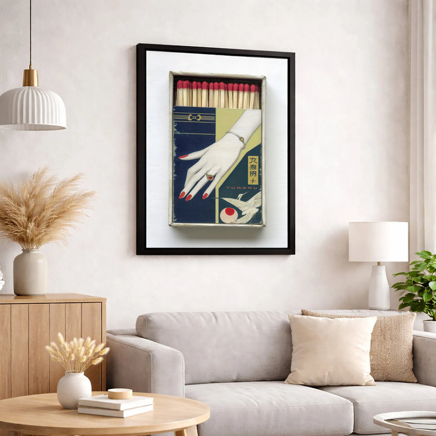 Vintage Japanese Matchbox Art Canvas | Retro Crane and Hand Illustration | 1.25-Inch Gallery Wrap Print | Unique Eclectic Home Decor Gift