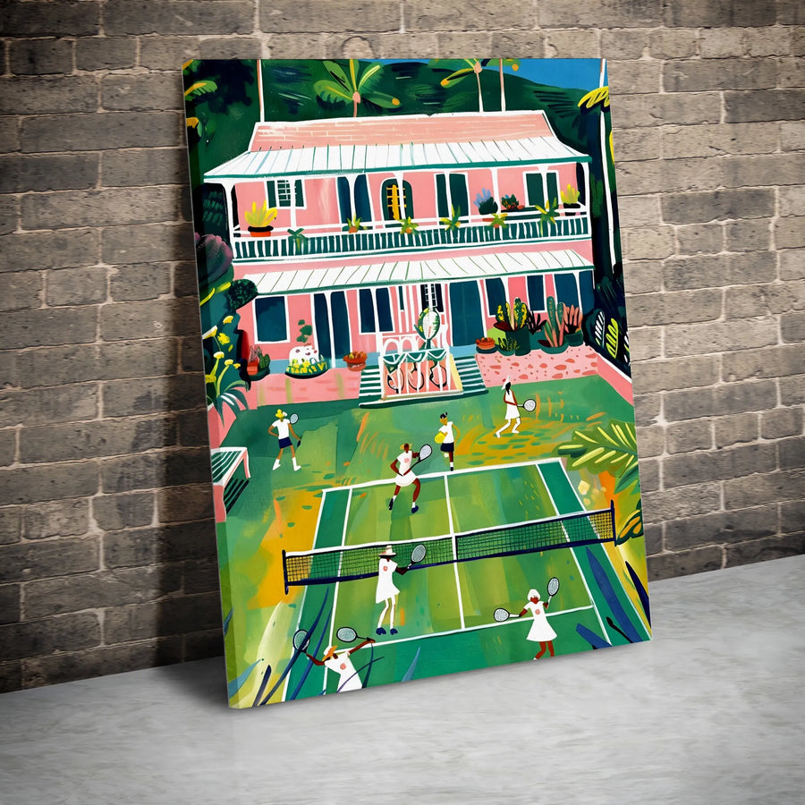 Vintage Tennis Match Vertical Canvas | Vibrant Pink Clubhouse Illustration | Premium Gallery Wrap | Modern Wall Art Gift for Tennis Lover