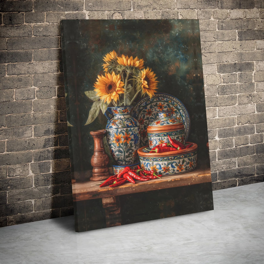 Still Life Sunflower Canvas Wall Art | Mediterranean Kitchen Decor | Premium Gallery Wrap Print | Rustic Dining Room Art Gift