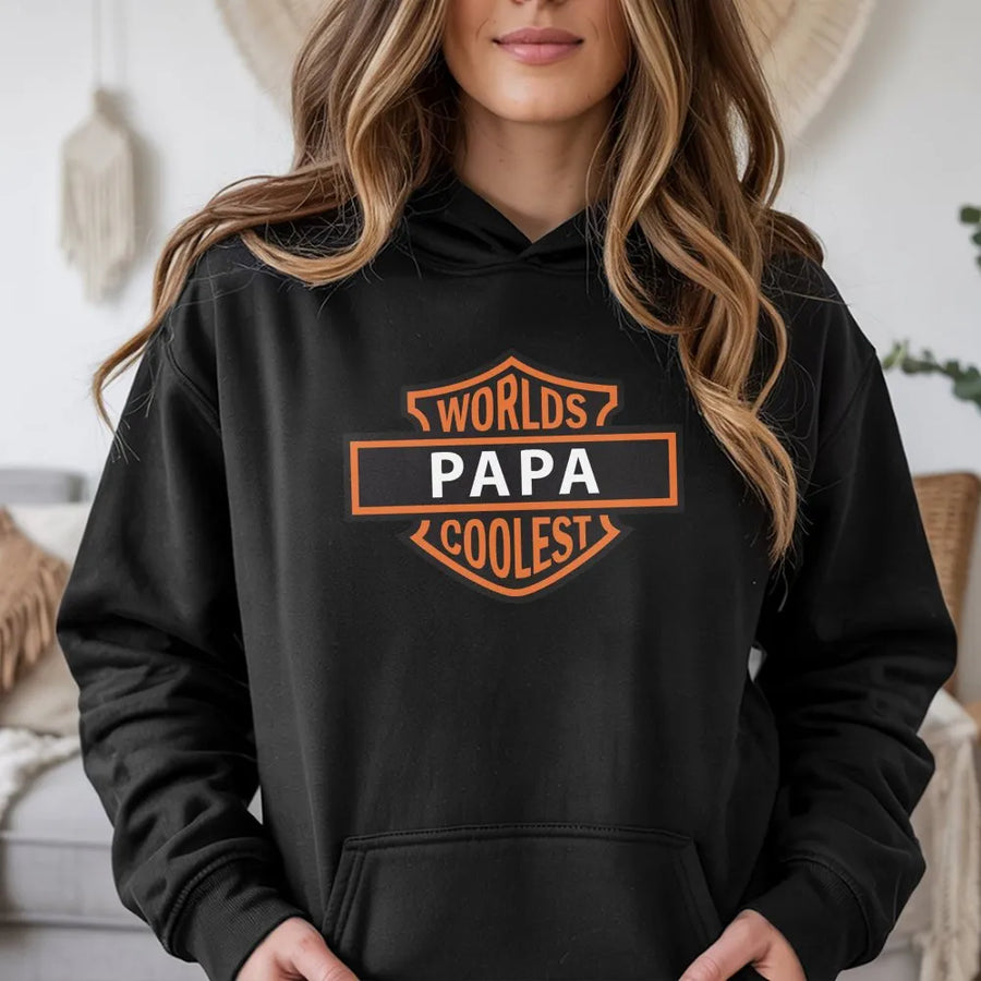 Worlds Coolest Papa Hoodie | Motorcycle Biker Shield Graphic | Premium Cotton Blend | Funny Father's Day 2026 Gift for Dad or Grandpa