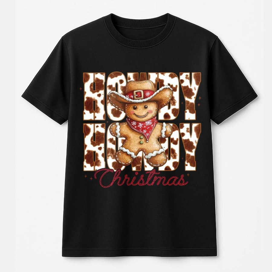 Howdy Christmas T-Shirt | Cow Print Gingerbread Man Graphic | 100% Cotton Premium Tee | Retro Western Holiday Gift For Women And Men