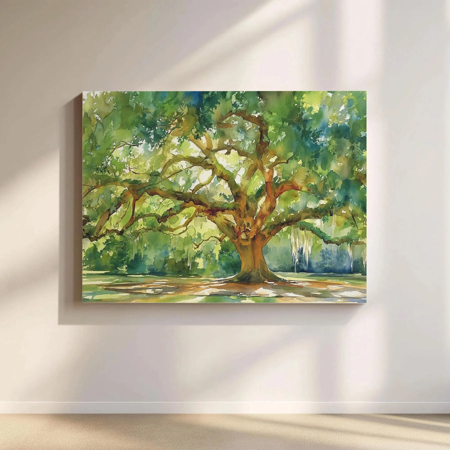 Watercolor Oak Tree Wall Art | Southern Live Oak with Spanish Moss | Thick Gallery Wrap Canvas | Premium Farmhouse & Living Room Decor Gift
