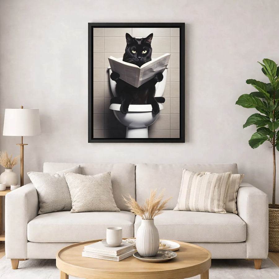 Black Cat Reading Newspaper On Toilet Canvas Wall Art | Funny Bathroom Decor | Premium Fade-Resistant Print | Quirky Gift for Cat Lovers