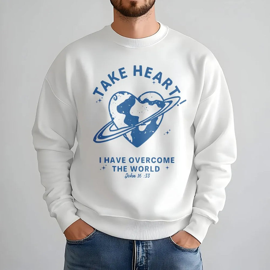 Christian Sweatshirt | Take Heart John 16:33 Graphic | Soft Cotton Faith Tee | Religious Easter Gift for Men and Women