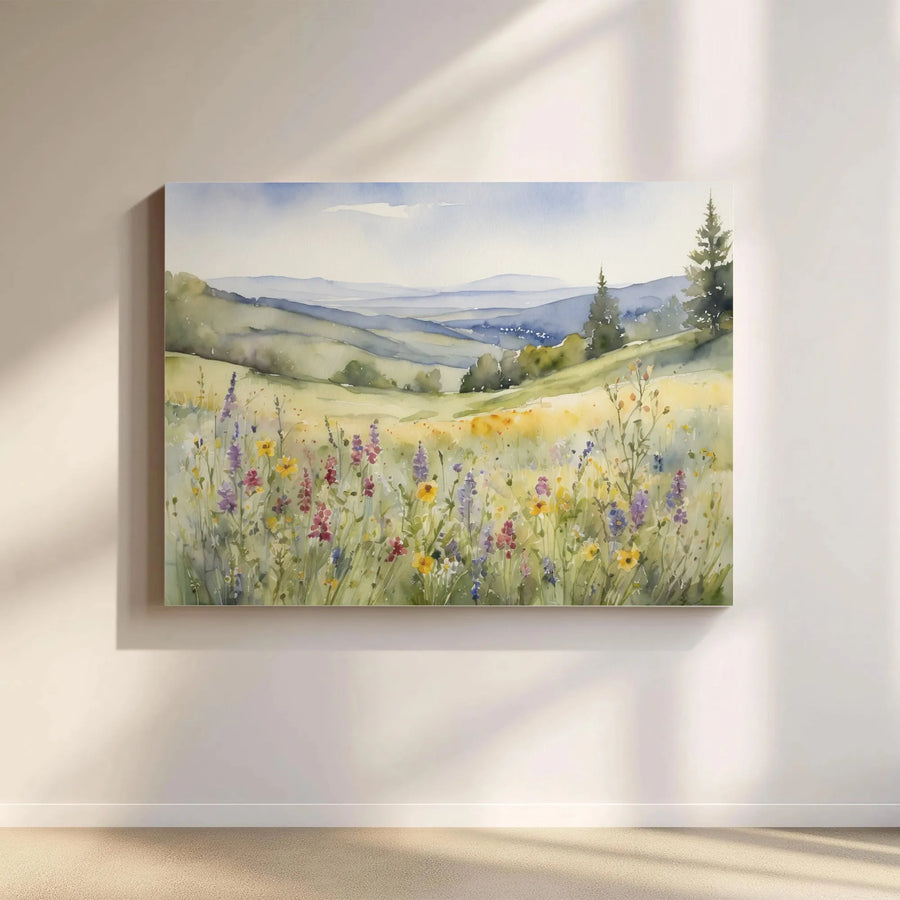 Watercolor Wildflower Canvas Art | Mountain Meadow Landscape Painting | Premium Fade-Resistant Print | Rustic Farmhouse Wall Decor Gift