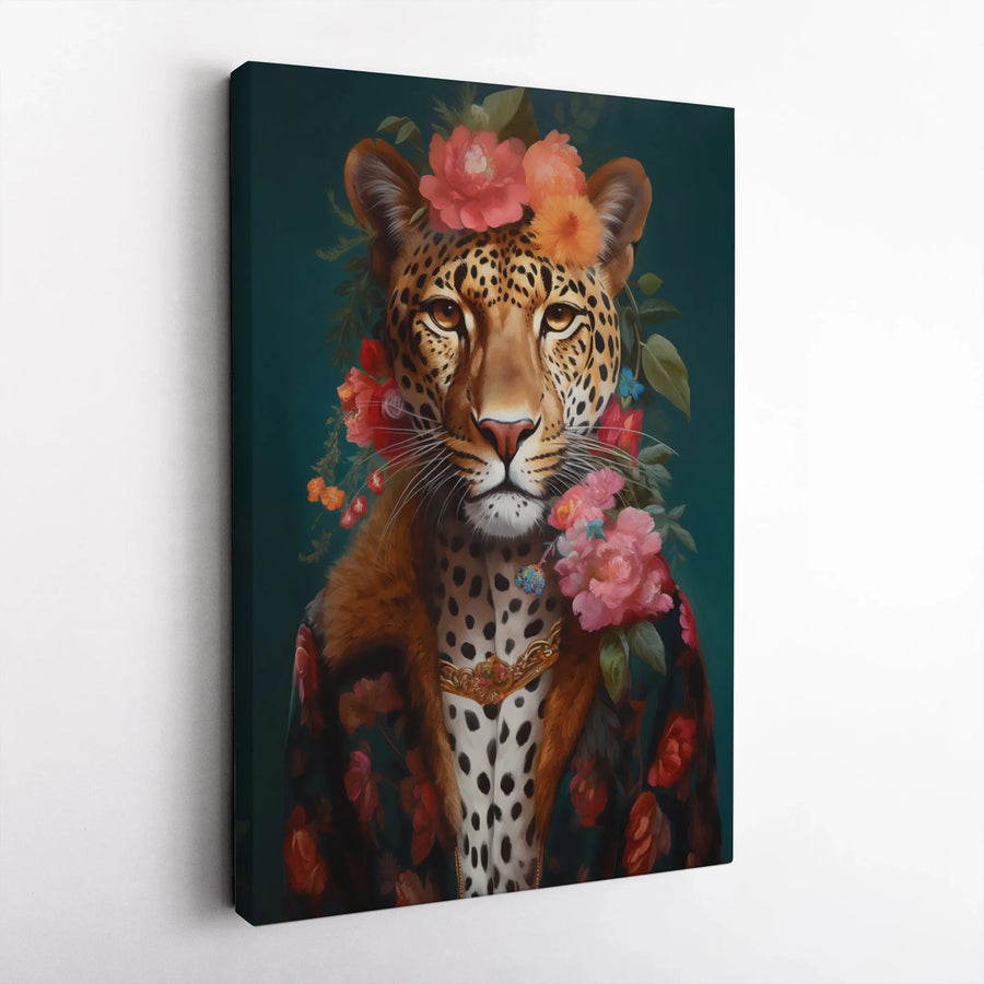 Leopard Portrait Canvas Art | Botanical Flower Crown & Floral Jacket Print | Premium Gallery-Wrapped Wall Decor | Statement Gift for Animal Lovers