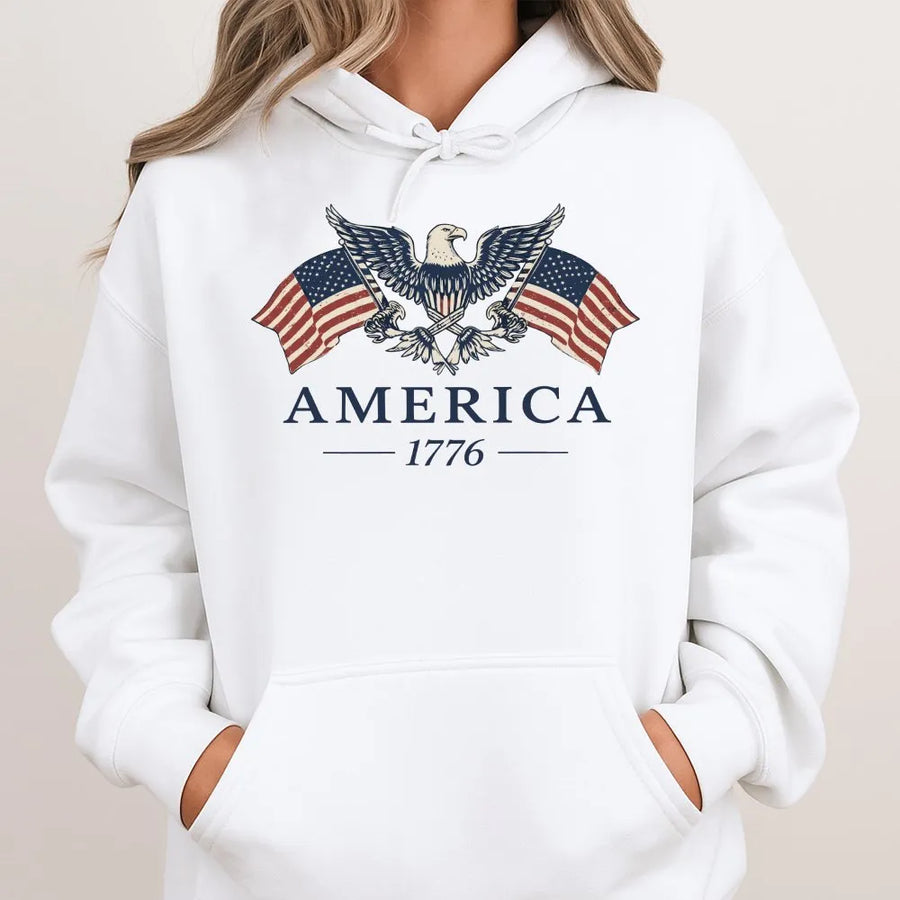 America 1776 Hoodie | Vintage Patriotic Eagle & USA Flag Design | Premium Cotton-Blend Sweatshirt | 4th of July Gift