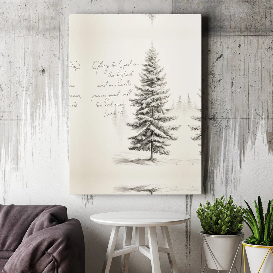 Luke 2:14 Scripture Wall Art | Glory to God Pine Tree Sketch | Premium 1.25-Inch Gallery Canvas | Christian Christmas Home Decor Gift