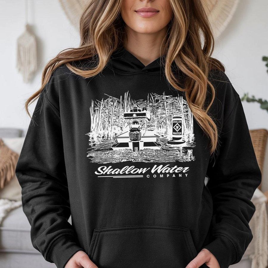 Shallow Water Fishing Hoodie | Swamp Boat Graphic Design | Premium Cotton Blend Apparel | Outdoor Lifestyle Gift for Boaters & Anglers