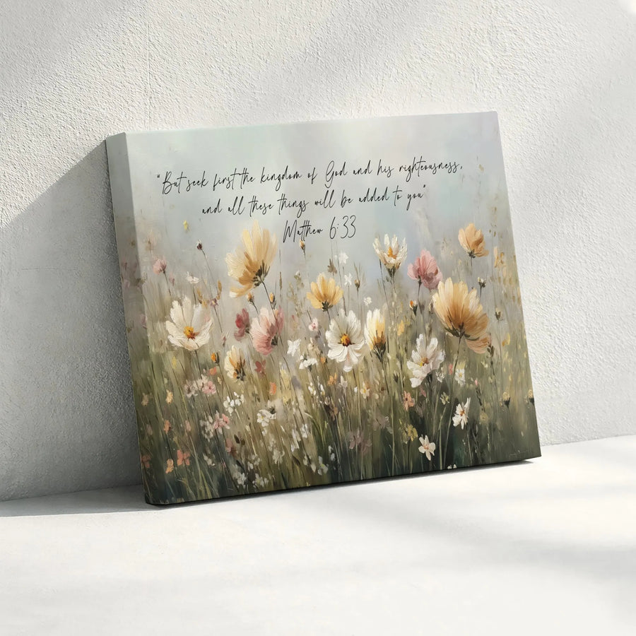 Matthew 6:33 Bible Verse Wall Art | Floral Meadow Scripture Print | Premium Gallery Wrapped Canvas | Christian Home Decor Gift