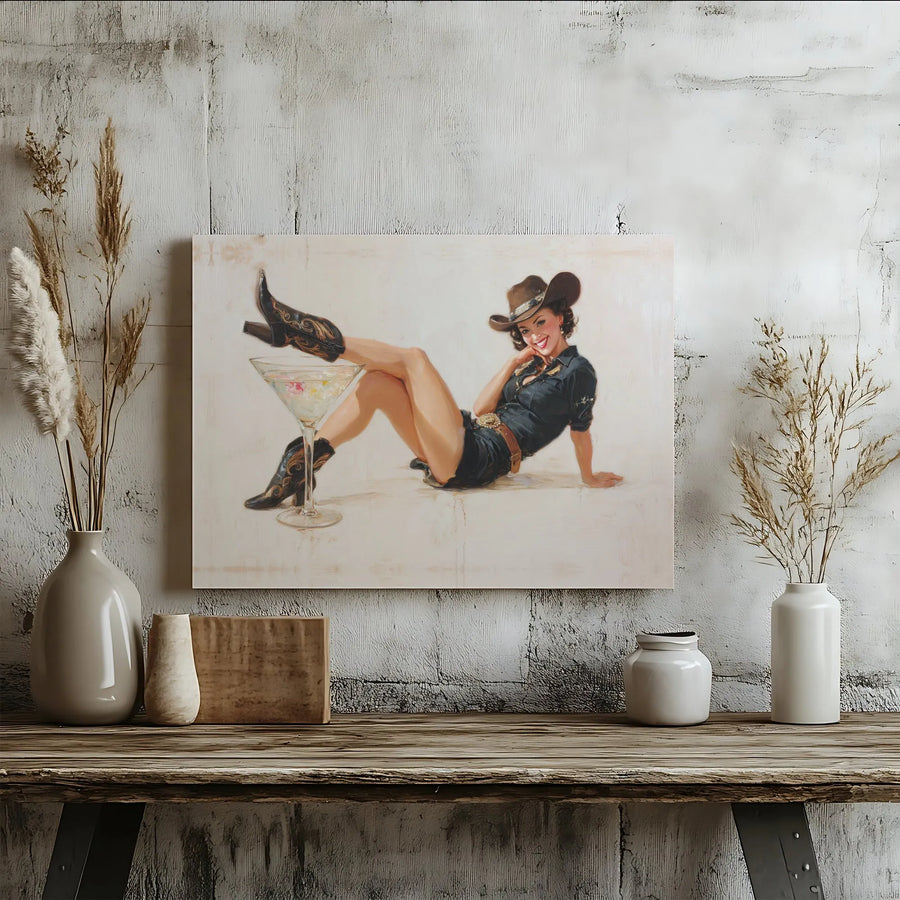 Pin-Up Cowgirl Canvas Art | Retro Western Martini Glass Decor | 1.25" Gallery Wrap Premium Print | Fun Bar & Kitchen Wall Decor for Home