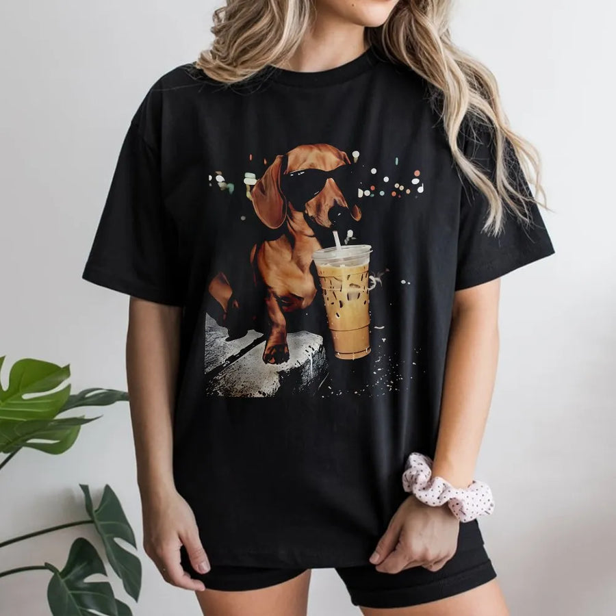 Dachshund Iced Coffee T-Shirt | Cool Dog With Sunglasses Graphic | Premium 100% Cotton Tee | Funny Gift For Coffee Lovers And Dog Owners