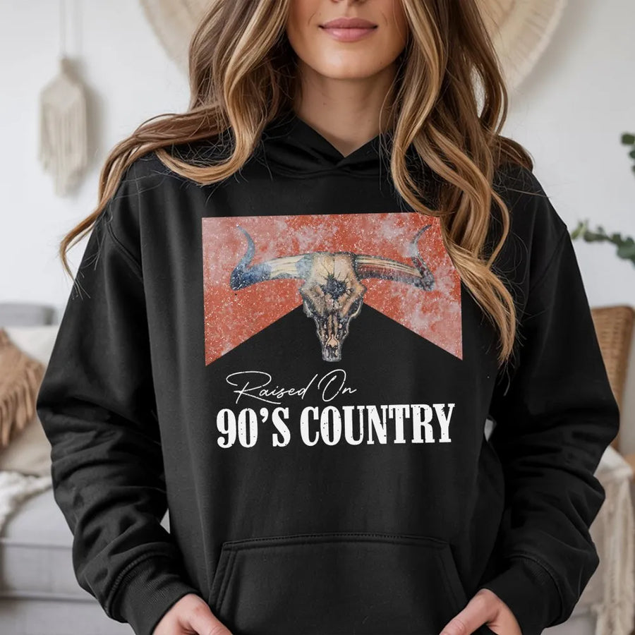 Raised On 90s Country Hoodie | Cow Skull Western Graphic | Premium Cotton Blend | Gift For Country Music Fan & Concert Outfit