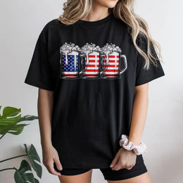 Beer American Flag T-Shirt | Patriotic Graphic Drinking Design | Soft 100% Cotton Premium Tee | Fourth of July BBQ Party Apparel