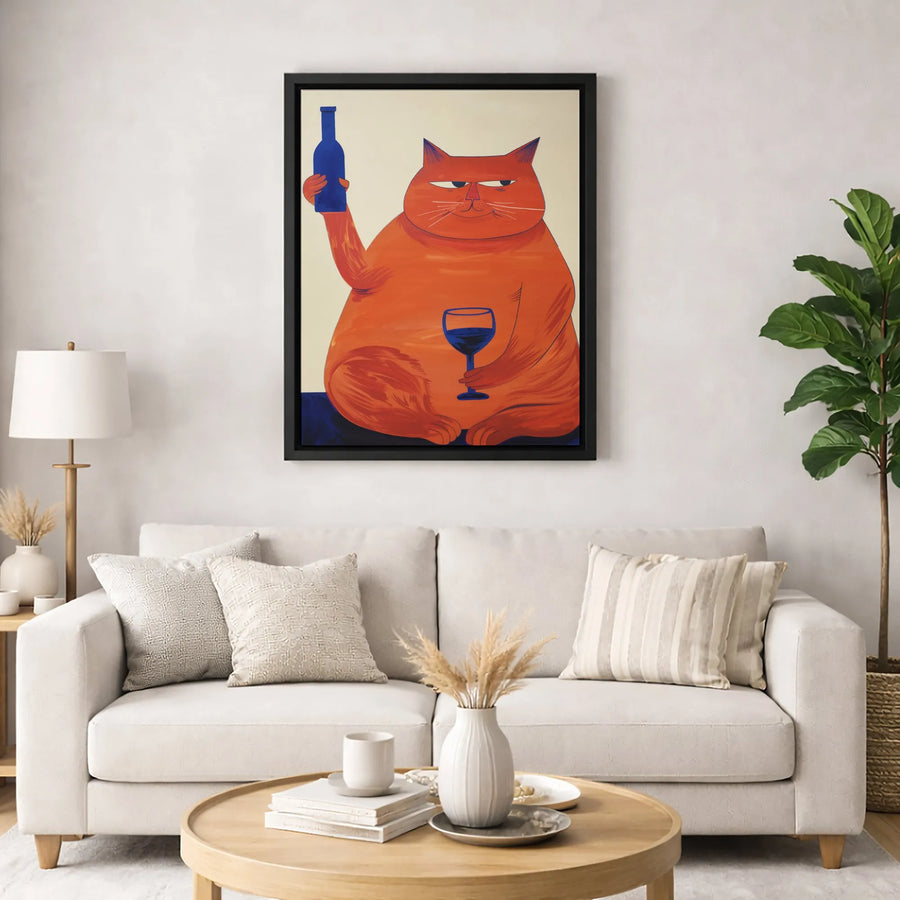 Fat Orange Cat Wall Art | Funny Wine Drinking Pet Illustration | Premium Gallery Wrapped Canvas | Whimsical Kitchen Decor Gift