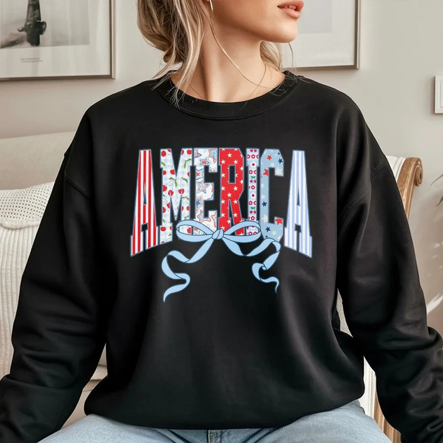 Coquette 4th of July Sweatshirt | Retro America Bow Graphic | Soft Cotton USA Tee | Cute Patriotic Independence Day Gift for Her