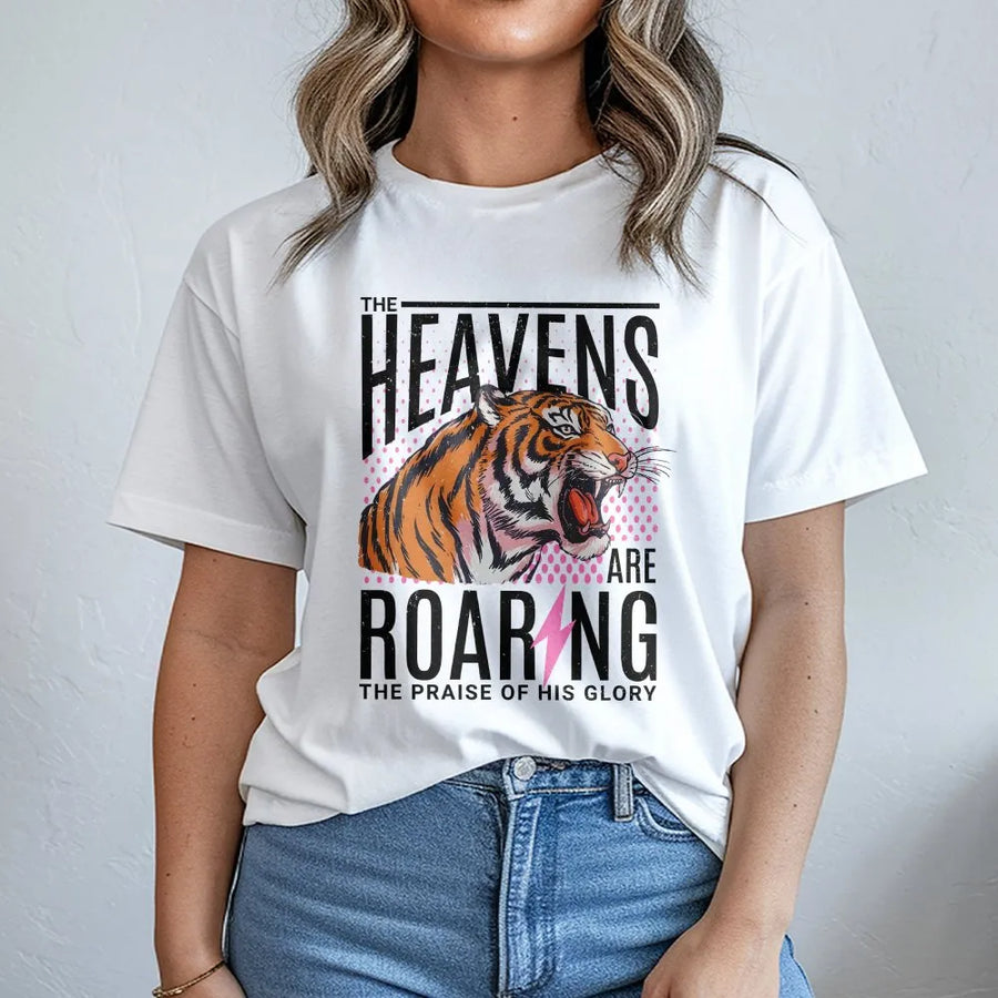 Christian T-Shirt | Heavens Are Roaring Tiger Graphic | 90s Aesthetic Soft Pullover | Religious Faith Gift for Men & Women