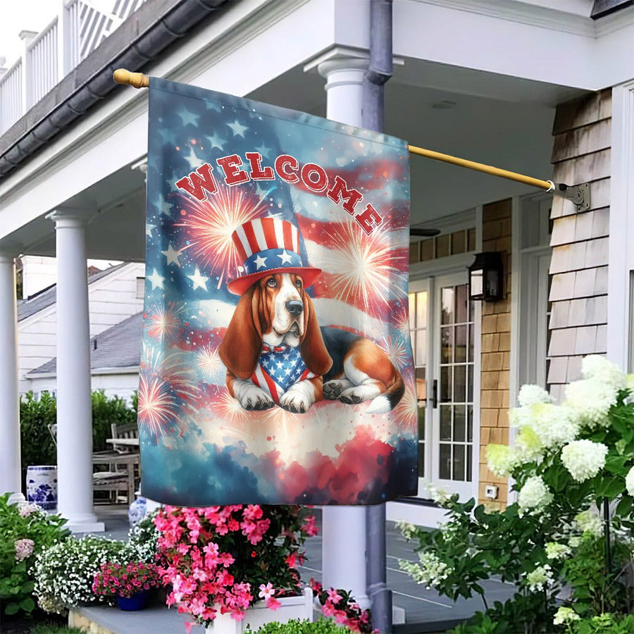 Basset Hound Garden Flag | Patriotic 4th of July Welcome Garden Decor | Premium Fade-Resistant Polyester | Seasonal Gift for Dog Lovers