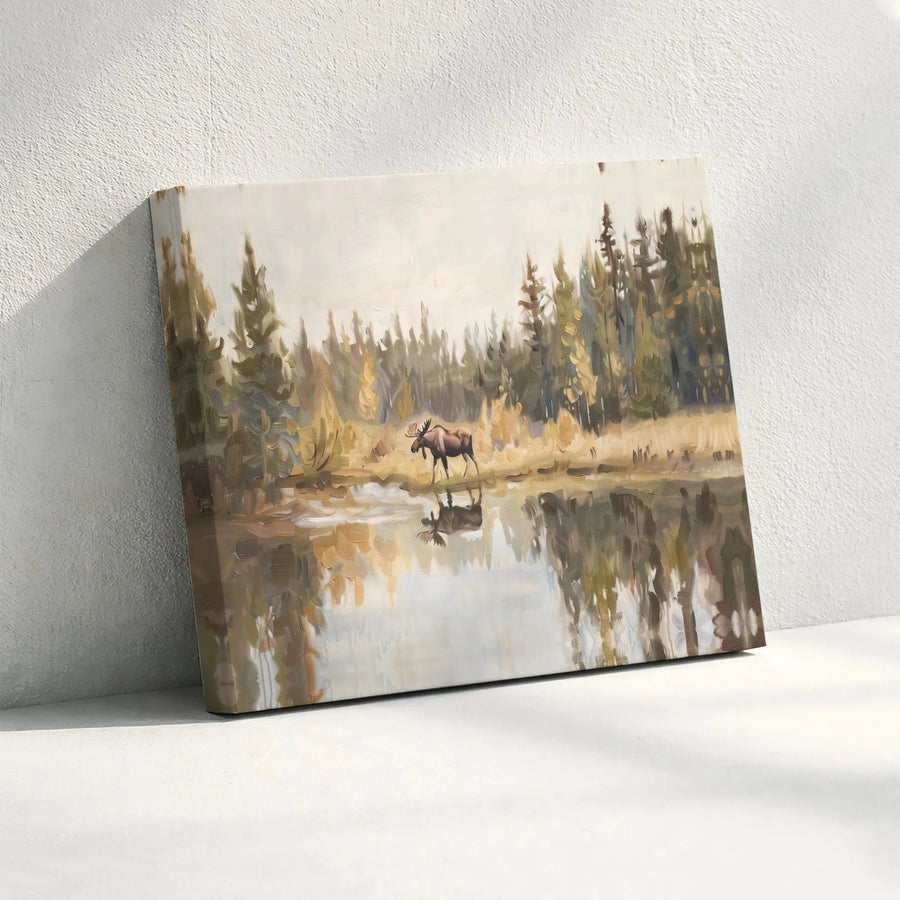 Moose Canvas Wall Art | Rustic Forest Scene with Lake Reflection | Premium Matte Canvas Print | Cabin Decor & Nature Lover Gift