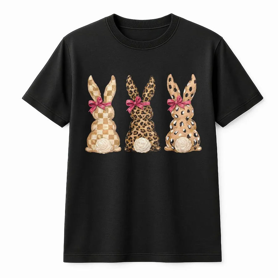 Easter Bunny T-Shirt | Three Cute Bunnies with Leopard and Checkered Patterns | Soft Cotton Premium Graphic Tee | Fun Spring Holiday Gift for Her