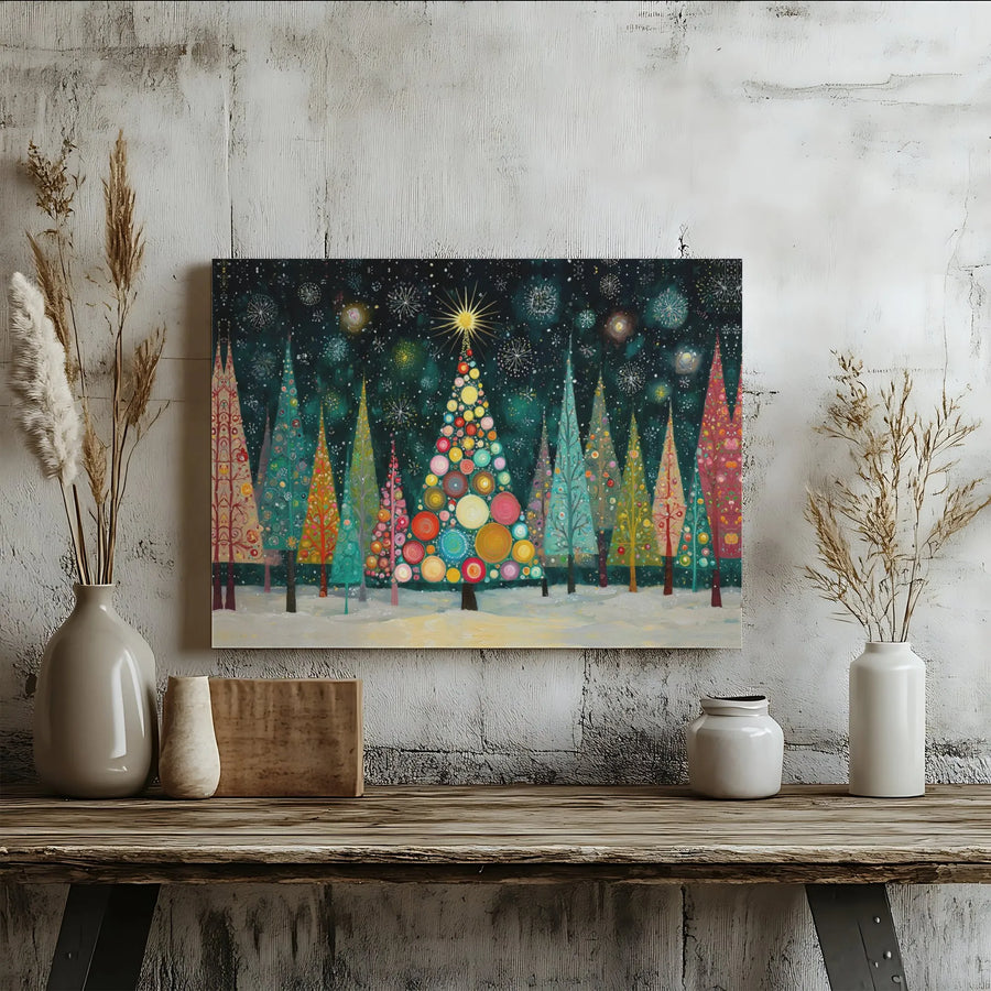 Whimsical Christmas Tree Canvas Art | Colorful Forest Night Landscape | Premium 1.25-Inch Gallery Wrap | Festive Holiday Wall Decor for Home