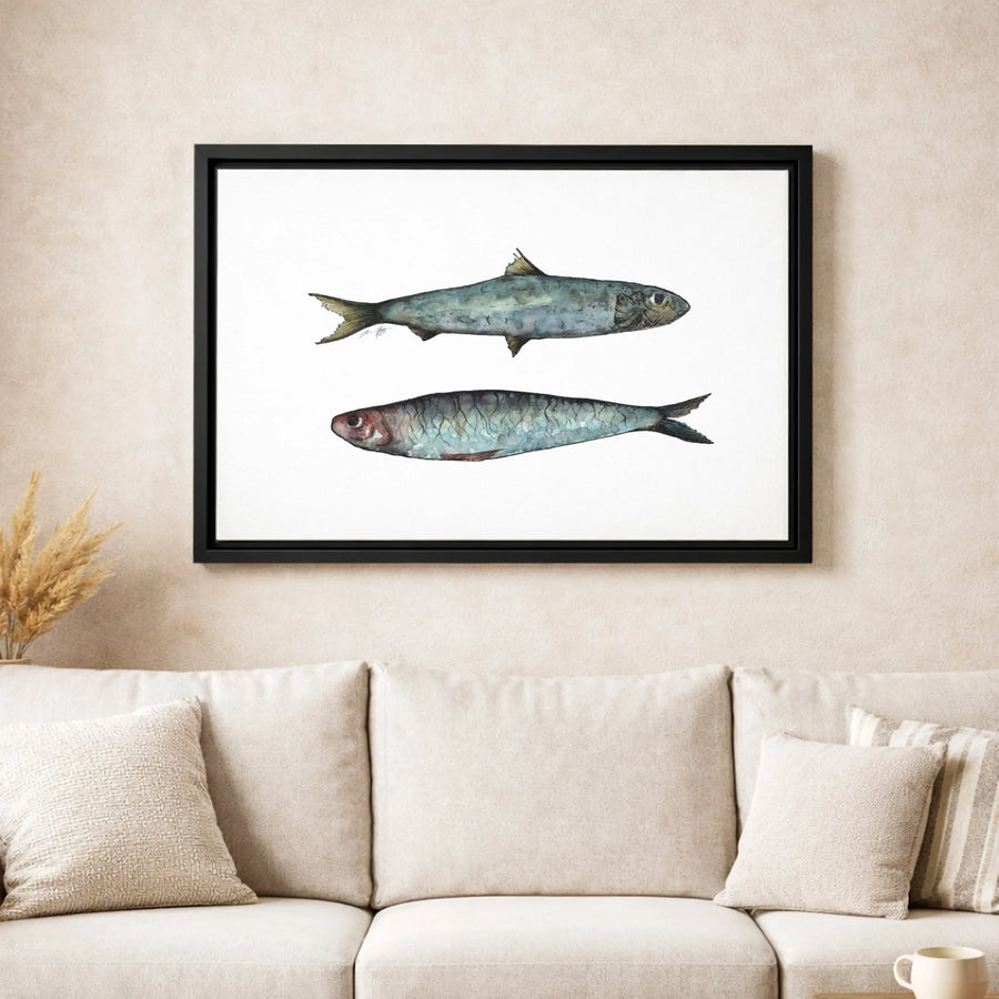 Two Sardines Canvas Print | Minimalist Watercolor Coastal Wall Art | Gallery Quality 1.25" Profile | Ocean Themed Home Decor Gift