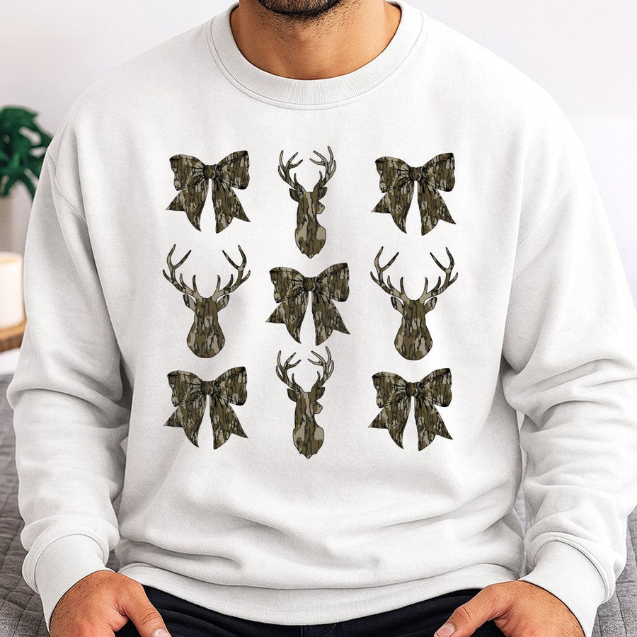 Camo Deer Coquette Bow Sweatshirt | Woodland Hunting Aesthetic Print | Premium Cotton-Blend | Trendy Gift for Women and Country Girls