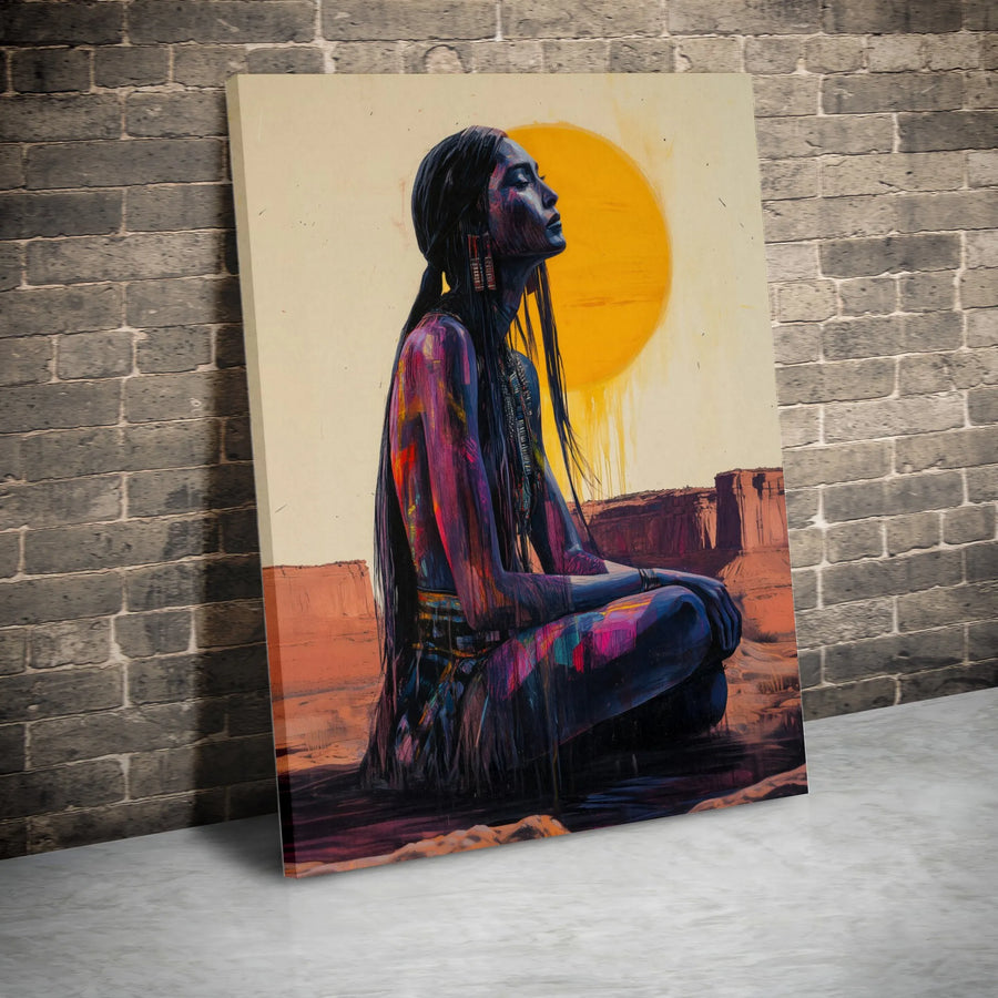 Native American Woman Canvas Wall Art | Meditating Desert Sunset Portrait | Premium Gallery Wrapped Print | Spiritual Home Decor Gift