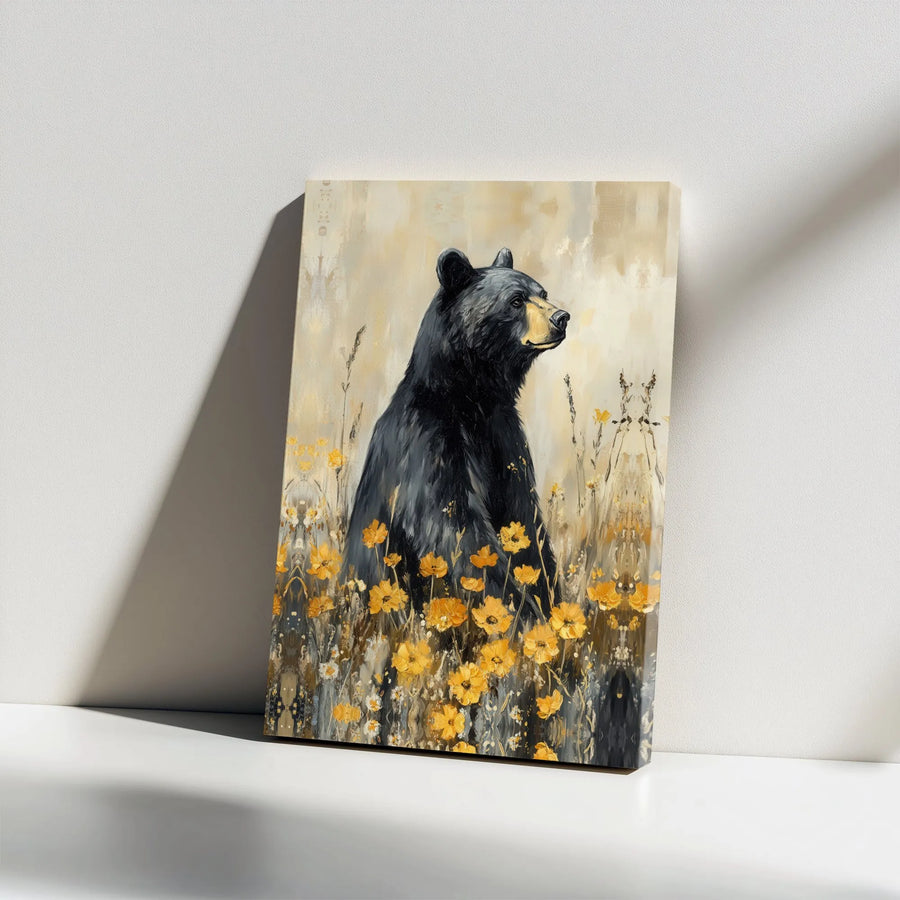 Black Bear Canvas Print | Rustic Wildflower Meadow Painting | Premium Gallery Wrap Wall Art | Cabin Decor Gift for Nature Lovers